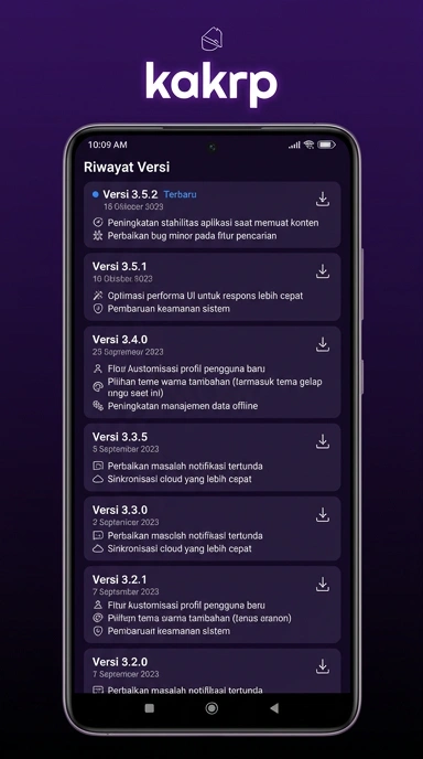 Tampilan riwayat versi kakrp